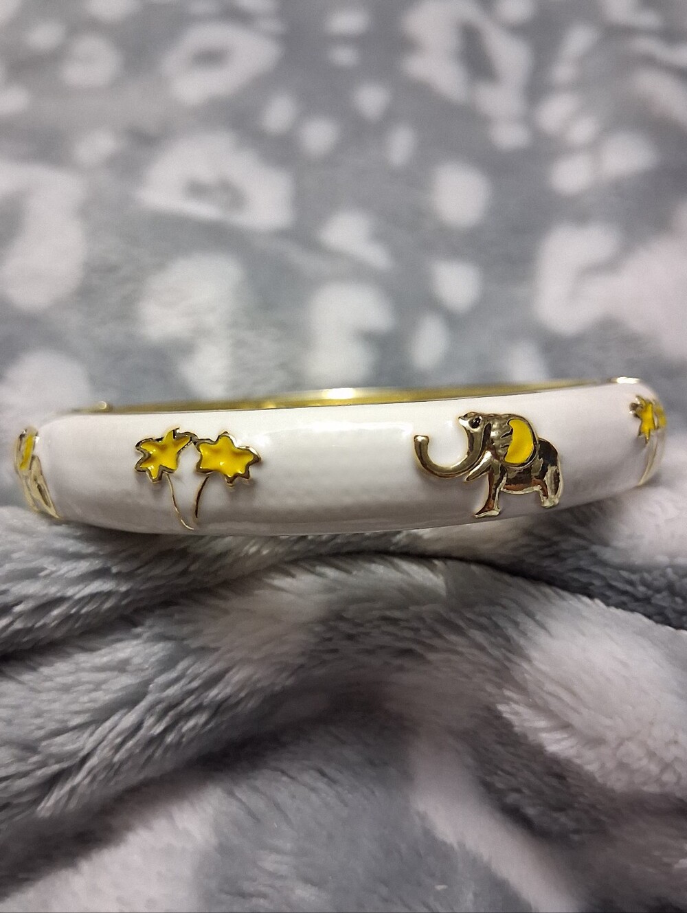 White and Yellow Enamel Elephant Accent Gold Bracelet